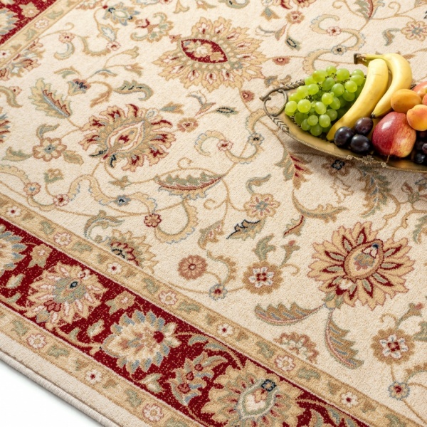 Orientalischer Kurzflor Wollteppich Creme Rot fr Wohnzimmer, Schlafzimmer